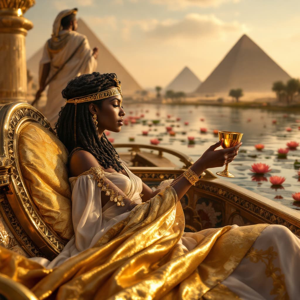 AI generated: A hyper-realistic first-person perspective of black African Cleopatra VII reclining on a silk-covere...