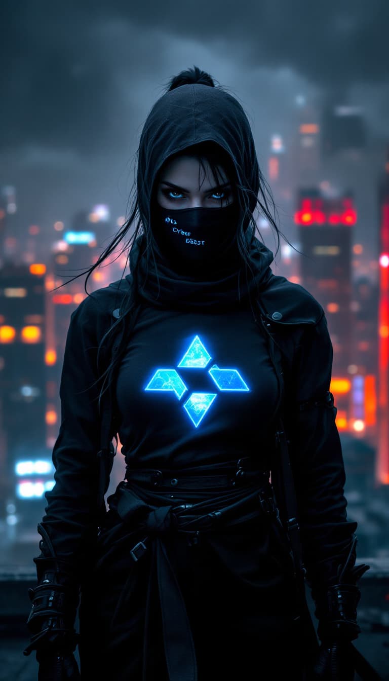 AI generated:  Digital artwork, concept art, a female ninja with 'Apka Cyber Dost' logo on her chest, standing on ...