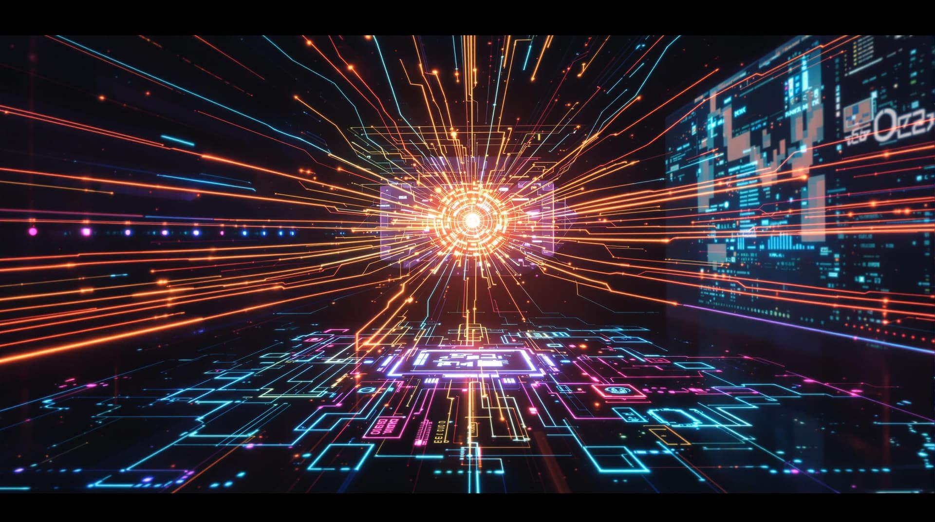 AI generated: /imagine prompt: Tech giant unveiling quantum processor in holographic theater, diverse engineers de...