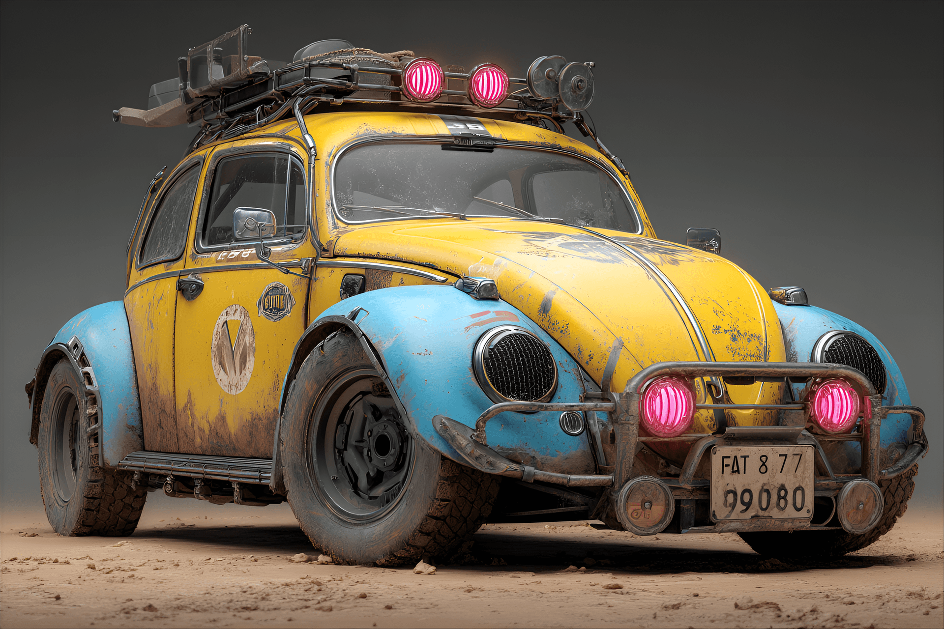 AI generated: Rusty, modified Volkswagen Beetle, front view, heavily customized post-apocalyptic car, vibrant yell...
