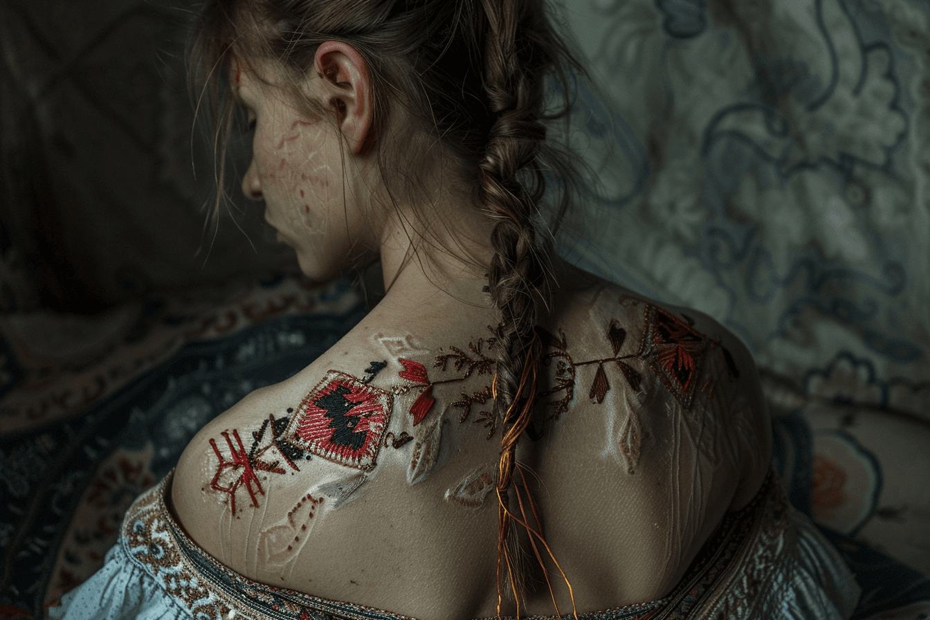 AI generated: the whole face and back are permeated with painful threads in the style of Ukrainian national embroi...