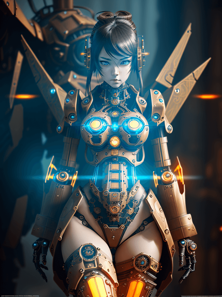 AI generated: (steampunk atmosphere, a stunning girl with a mecha musume aesthetic, adorned in intricate cyber gog...