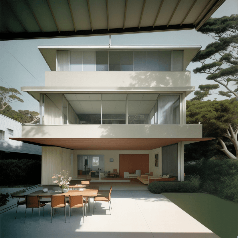 AI generated: Hyper realistic eye level exterior photo of a mid century modern style house overlooking the ocean, ...
