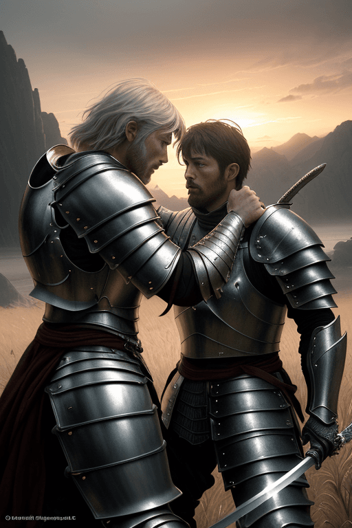 AI generated: Photo of a ultra realistic (two men in armor in an intense sword fight:1.4), dramatic light, pale su...
