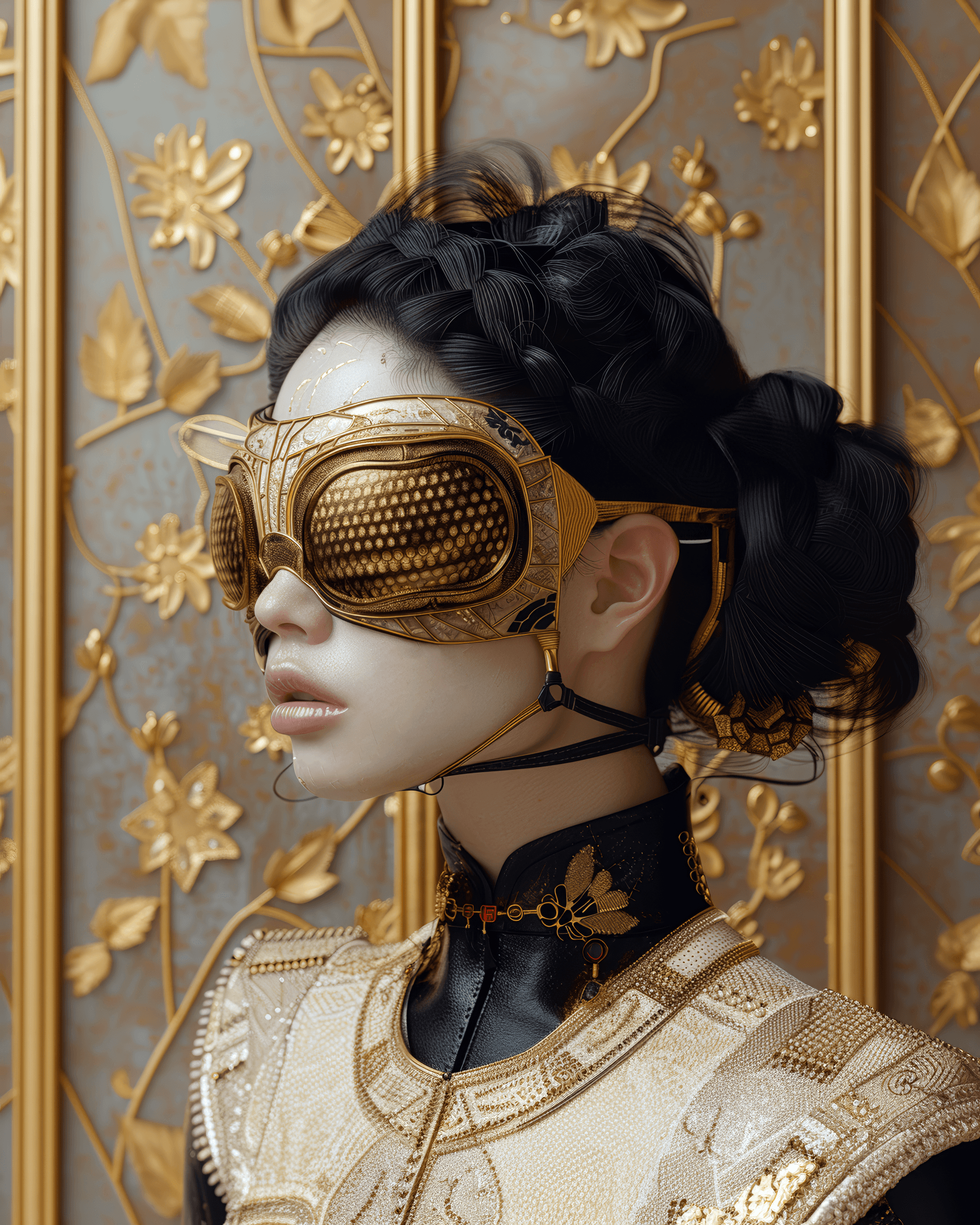 AI generated: Moebius style, (beehive motif) uniforms, scorpion motif eye masks, (fusion of Dolly Parton and Chris...