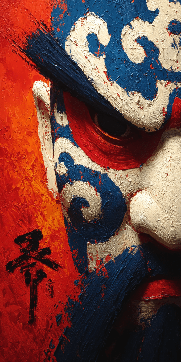 AI generated: Close-up, palette knife portrait of a Peking Opera mask character face, heavy impasto, blue and whit...