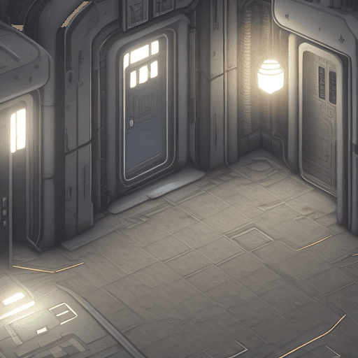 AI generated: top down isometric game asset of a gloomy corridor in a spaceship, flat shading art style, abandoned...
