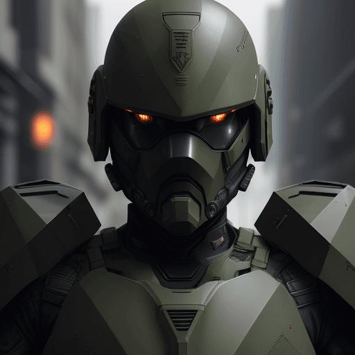 AI generated: Futuristic soldier with advanced armor, weaponry, and helmet, dark army green, street, overcast, ref...