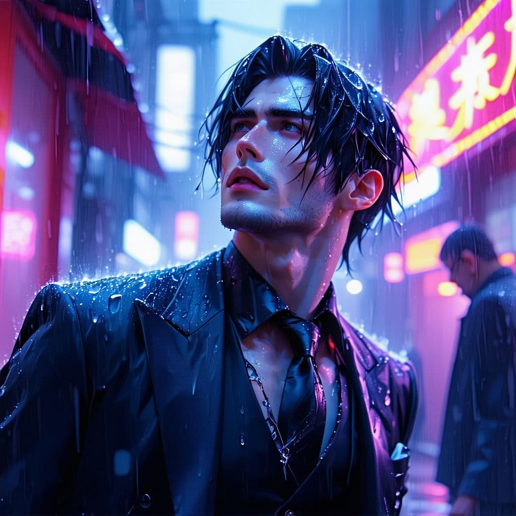 AI generated: cyberpunk men with black hair looking up, raining, wearing a black suit, neon lights, vivid lights, ...