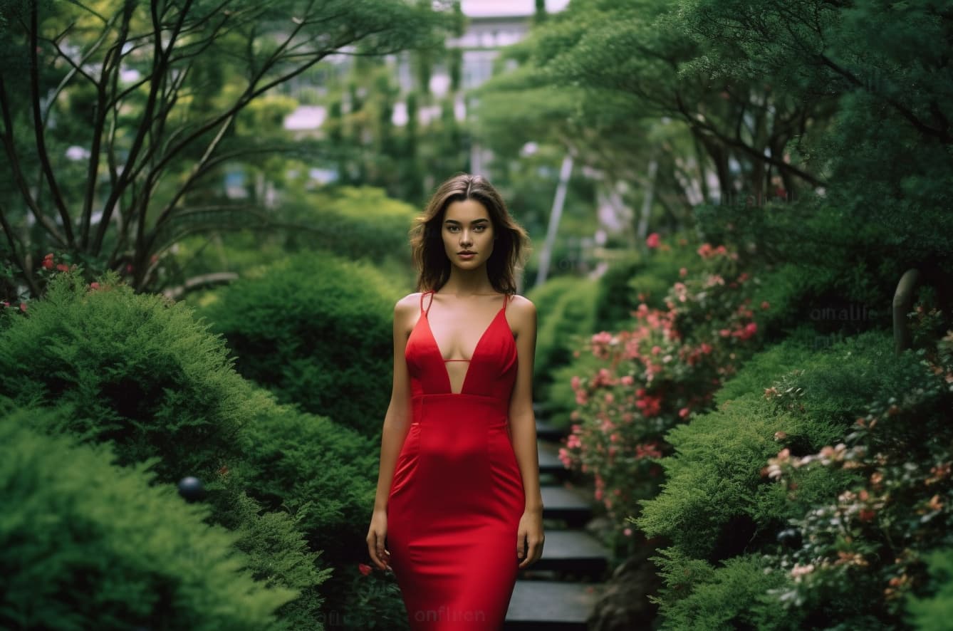 AI generated: Turkish Supermodel, 20yo, tight red dress, tall woman, beauty. Background: Japanese Influenced Colou...
