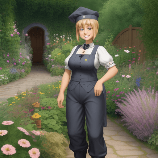 AI generated: Photo of a german shepherd with a smile, and a shopkeeper outfit with cool garden in a background
