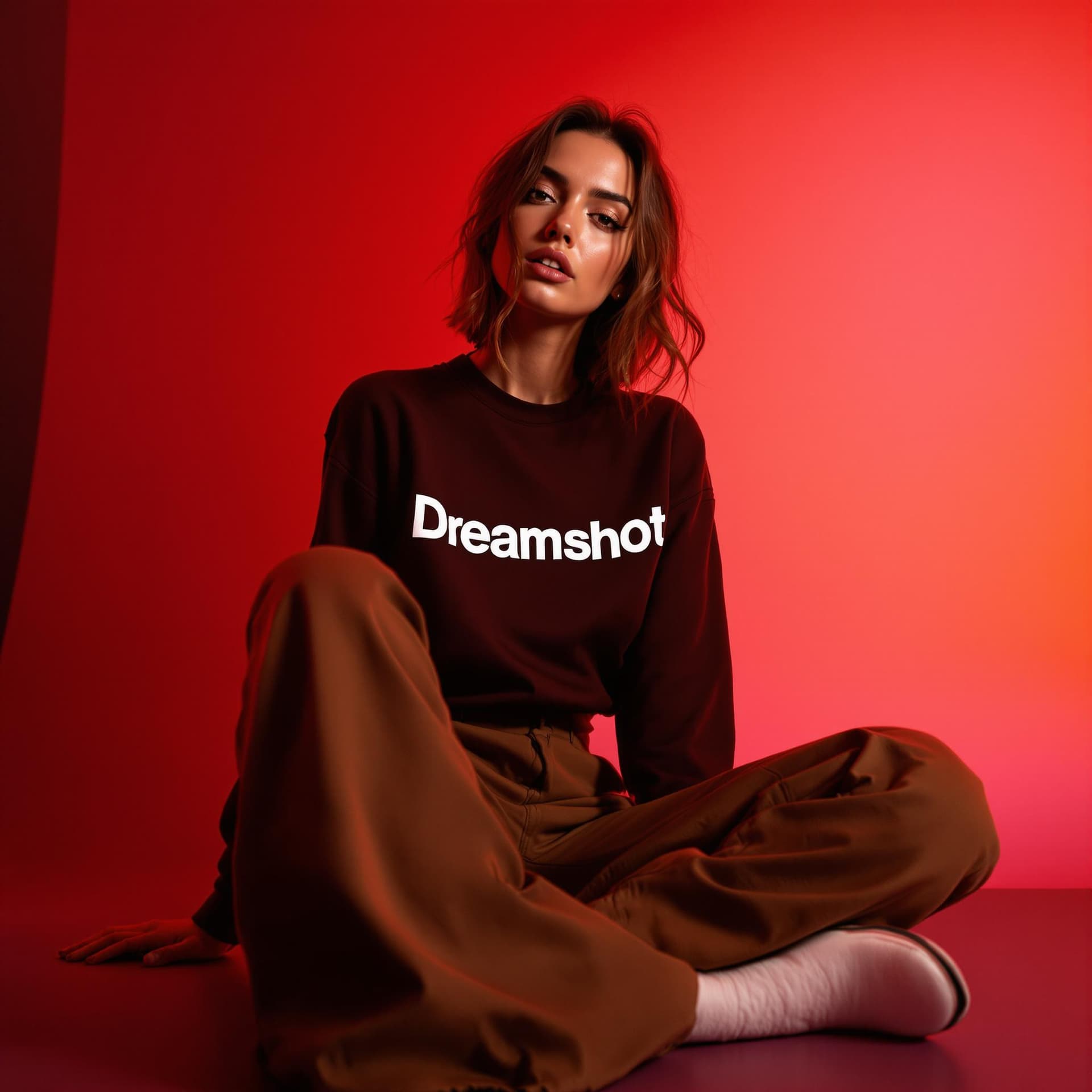 AI generated: wide and low angle, cinematic, fashion photography for the brand Dreamshot. Woman sitting on floor w...
