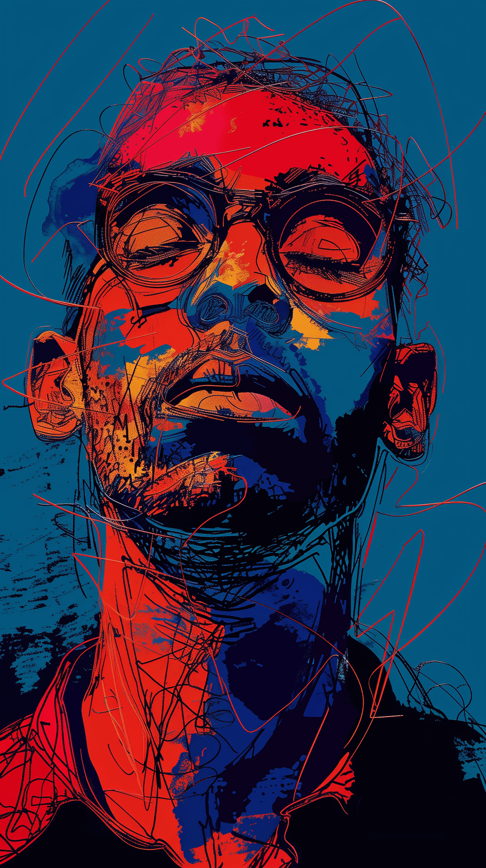 AI generated: graphic art, portrait of a man, background in deep blue and red, intense color contrasts on the face...