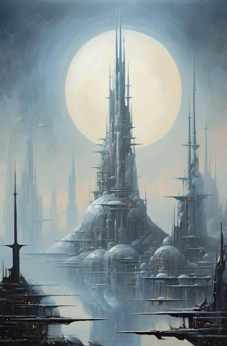 AI generated: oil painting of futuristic city with tall buildings and spaceships in the style of Zdzisław Beksińsk...