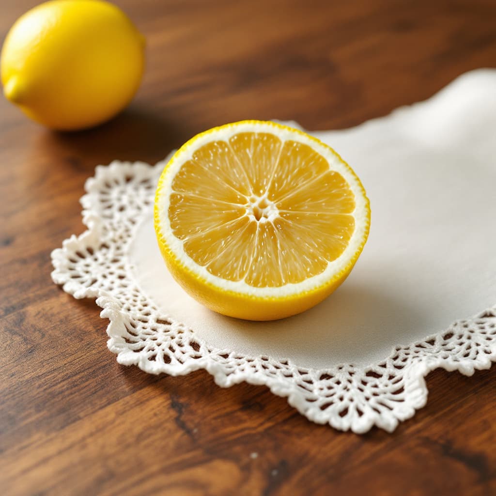 AI generated: hyper realistic sliced lemon on a chalk white doily and mahogany grained table