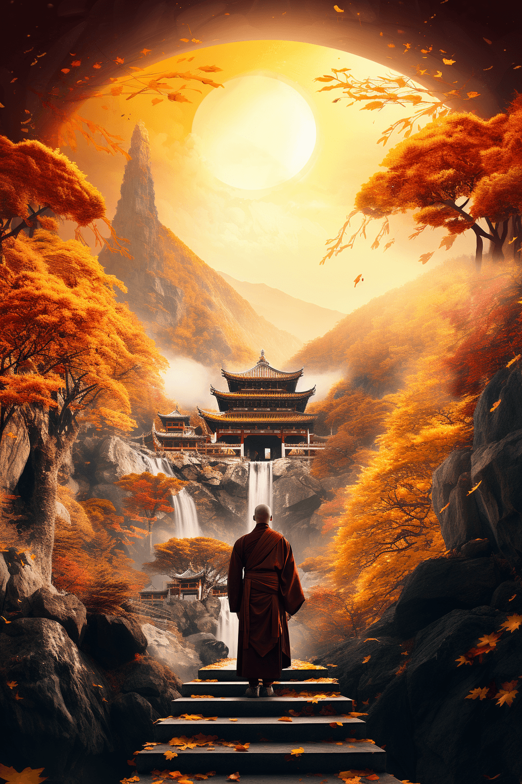 AI generated: Step into a breathtaking fantasy world during the serene fall season. A tranquil monk, in regal robe...
