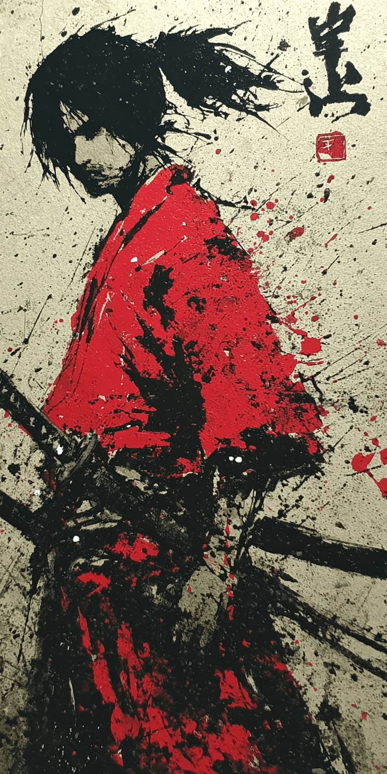 AI generated: samurai, palette knife technique, heavy impasto --chaos 75 --ar 1:2 --profile x3fq9up --stylize 750