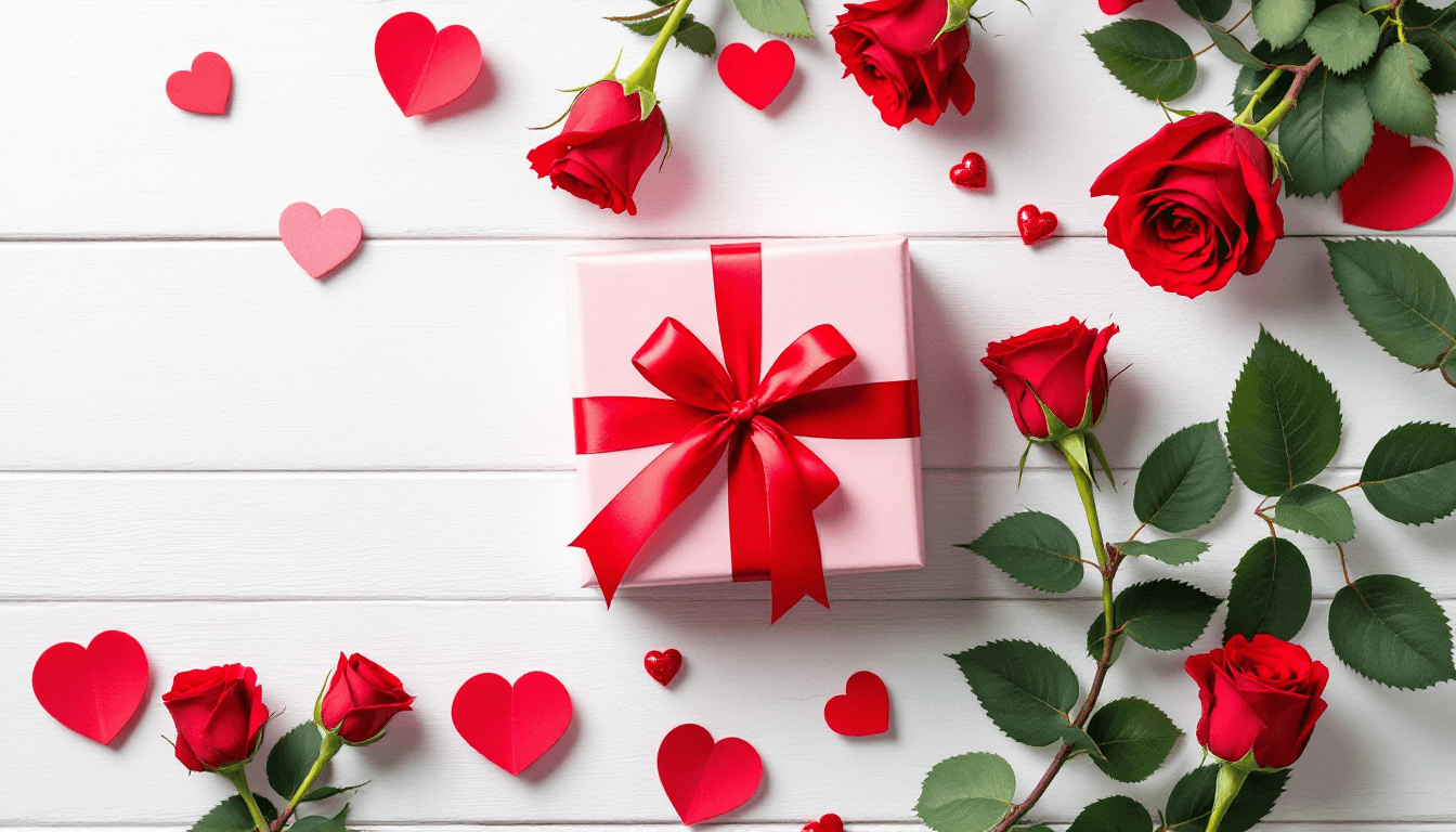 AI generated: Valentine's Day scene, romantic composition, red roses, gift box with red ribbon, small red heart de...