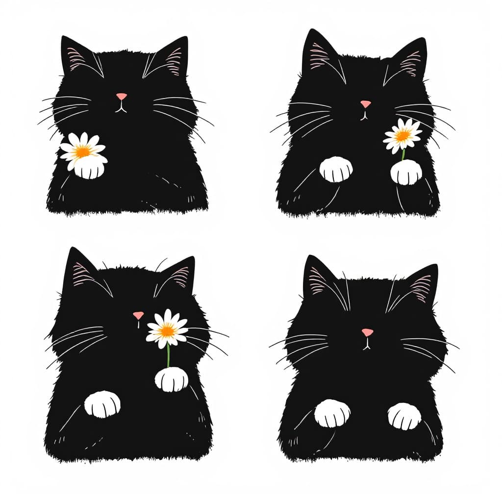 AI generated: 4 different 
black Cat with white paws 
and flower in a Takeshi Kitano style, in a minimalist and hu...