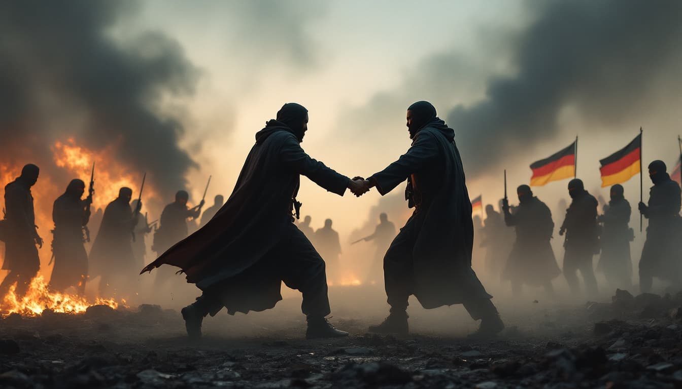 AI generated: Modern scene of Christians and Muslims fighting together and hand in hand against evil terrorists, G...