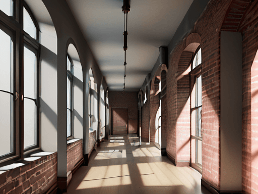 AI generated: High resolution photography of interior design, OF A CORRIDOR INSIDE A HOUSING BUILDING WITH TWO BRI...