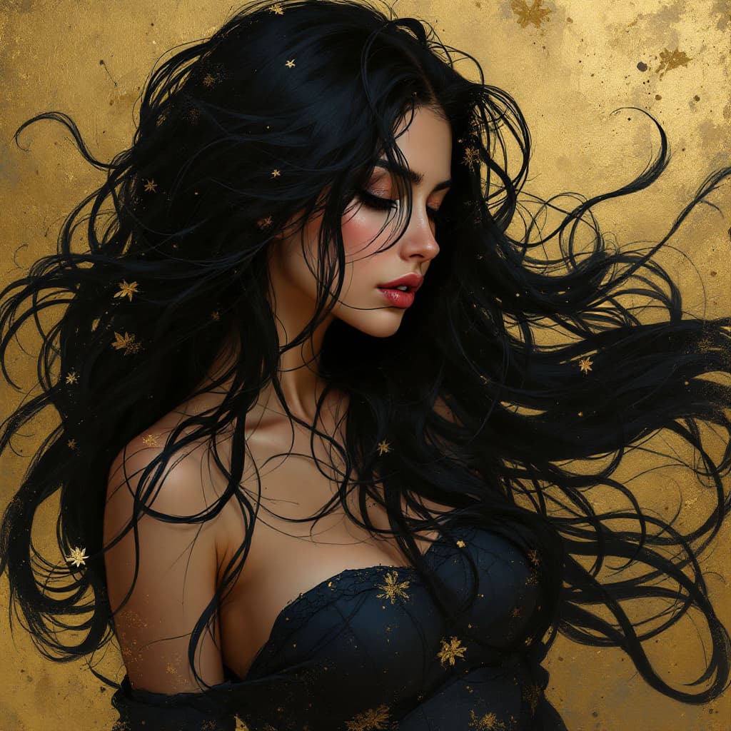 AI generated: a woman with long black hair in a gold painting, in the style of charlie bowater, dark blue and dark...