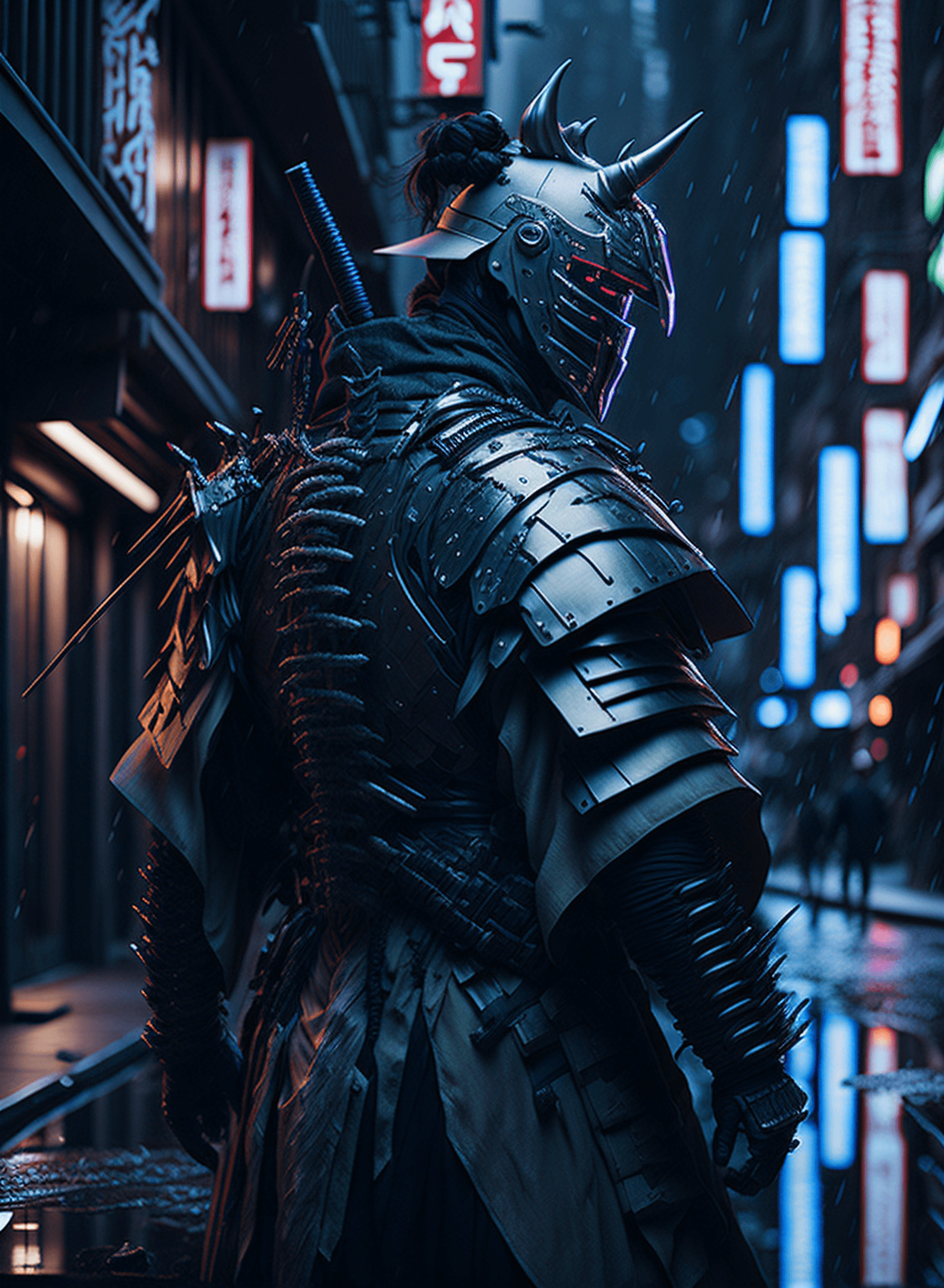 AI generated: a samurai in black ( cyberpunk techwear:1.4), samurai armor, bladerunner city street background with...