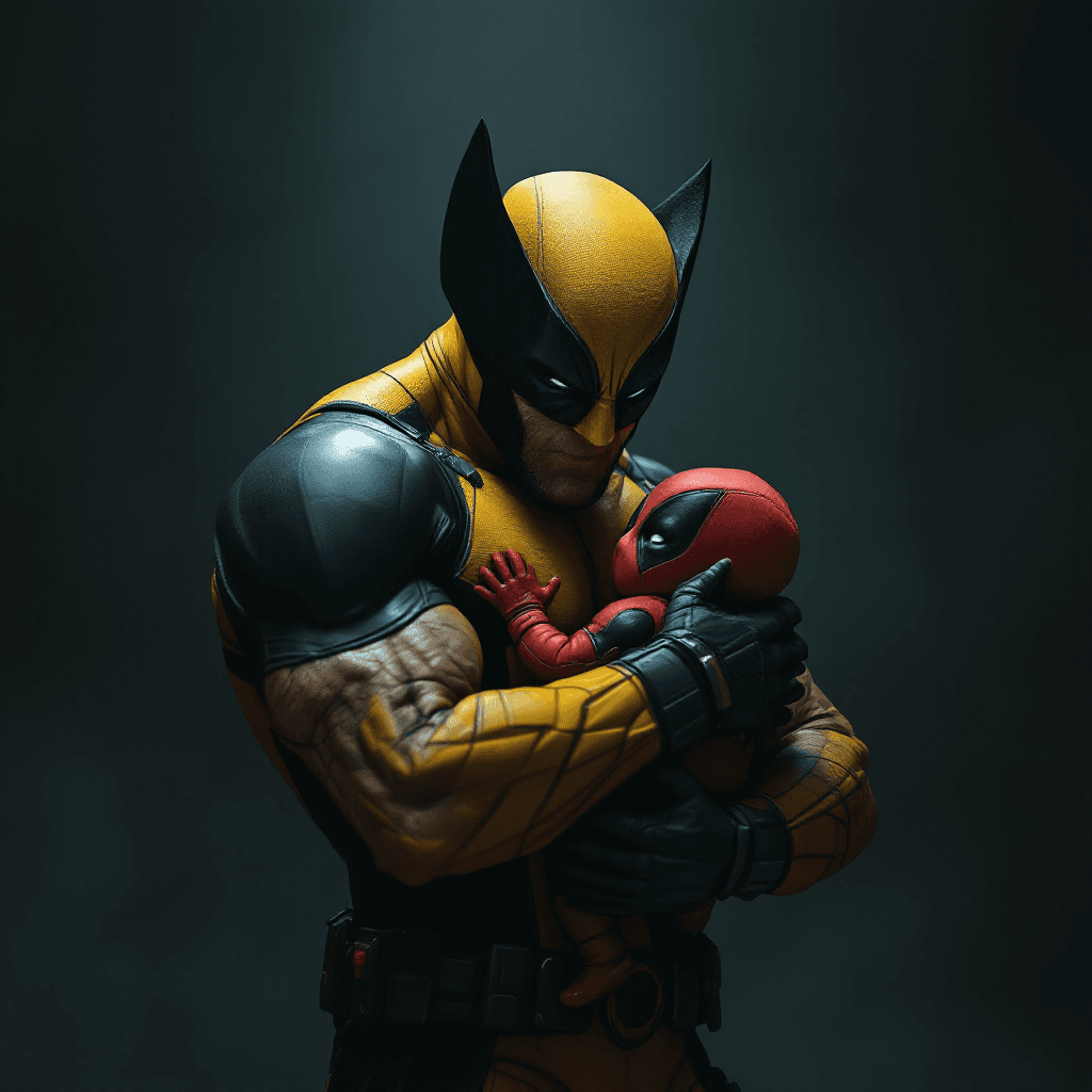 AI generated: Marvel style,in a dark style, Wolverine in a yellow suit holding a baby Deadpoolin , graphics x-box,...