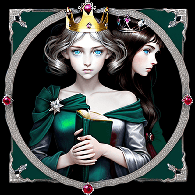 AI generated: 
this is a book cover, it shows a girl with a crown, the girl has blue eyes, she is brunette, the gi...