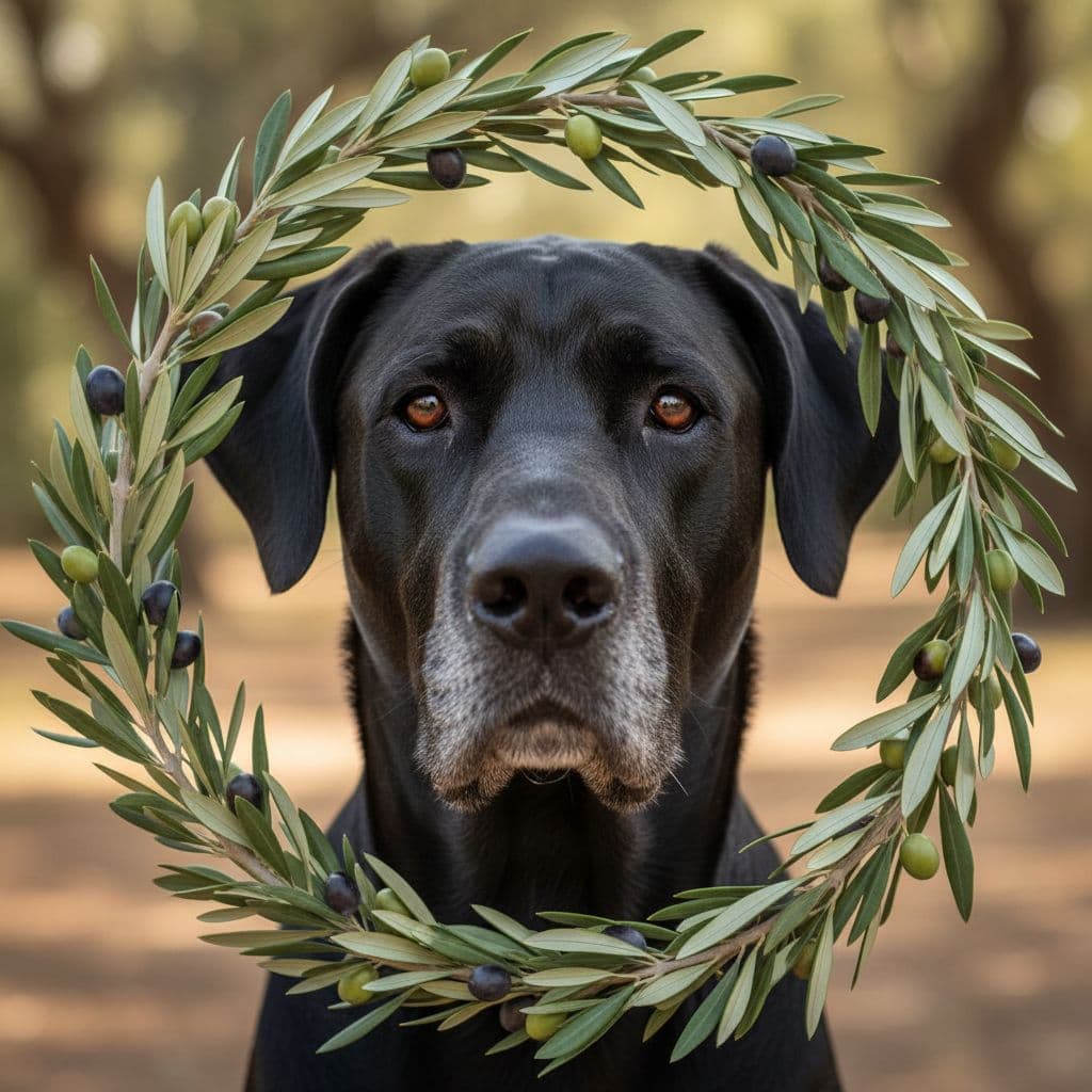 AI generated: dog, black great Dane mix, just face, framed by olive branches
