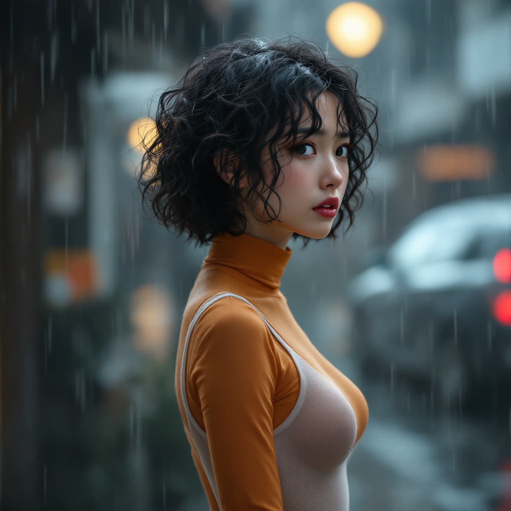 AI generated: Japanese girl  realistic, female,a woman with short peppered hair, gigantic tight ringlets,  standin...