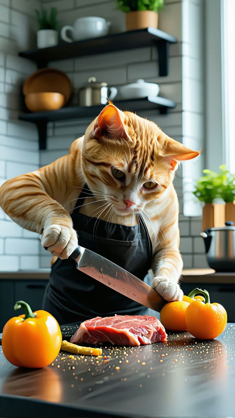 AI generated: Orange lazy cute dog cat is cutting a steak in the kitchen.