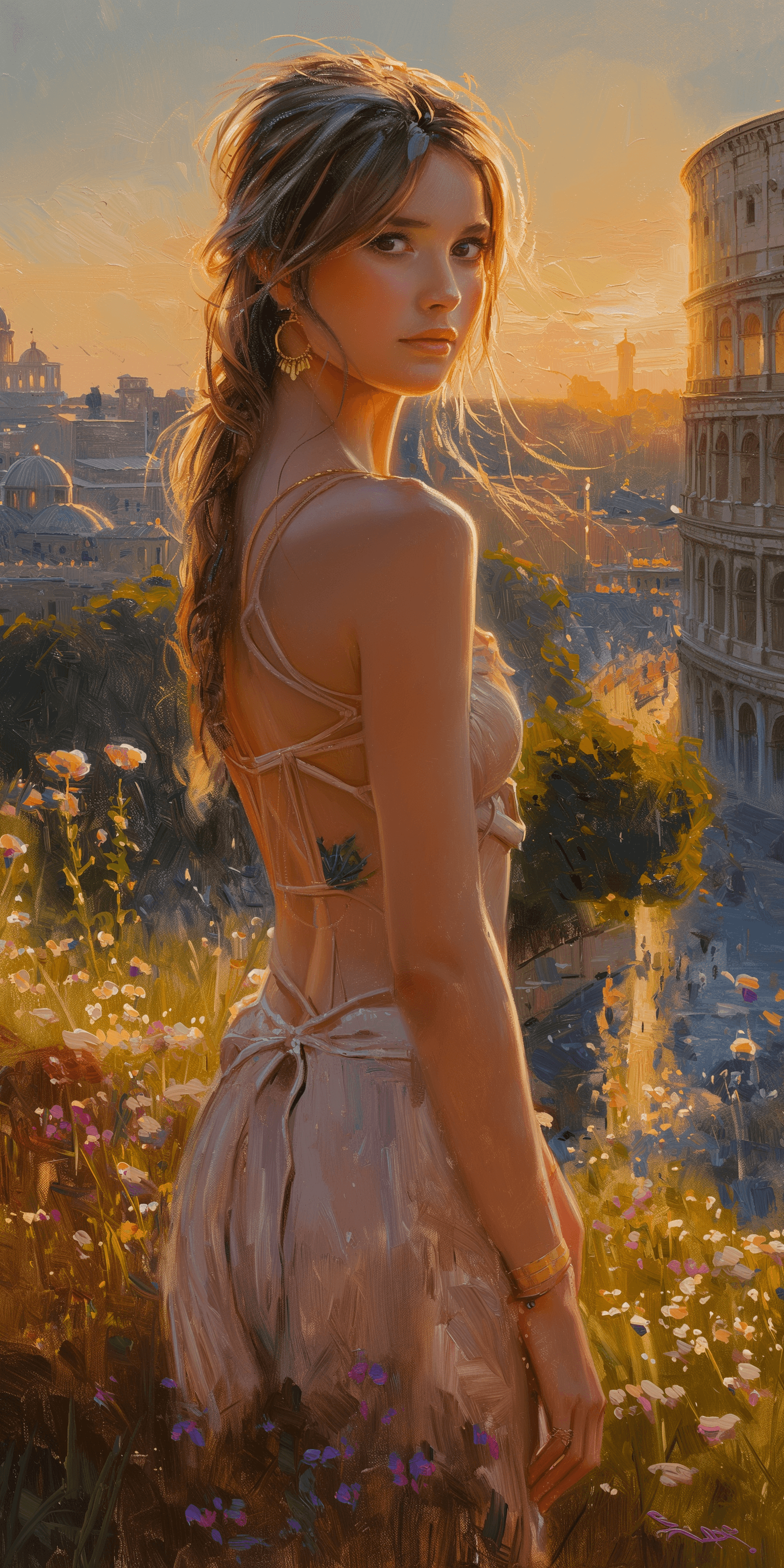 AI generated: impressionist painting on canvas, Italian woman wearing a summer dress, photorealistic elegance, stu...