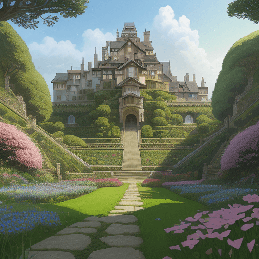 AI generated: Illustration of Arnold Schwarzenegger, ornamental flower gardens with grassy courtyards and stairs, ...