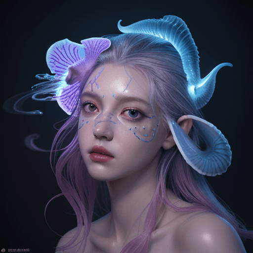 AI generated: Goddess close-up portrait ribcagel. jellyfish phoenix head, nautilus, orchid, skull, betta fish, bio...
