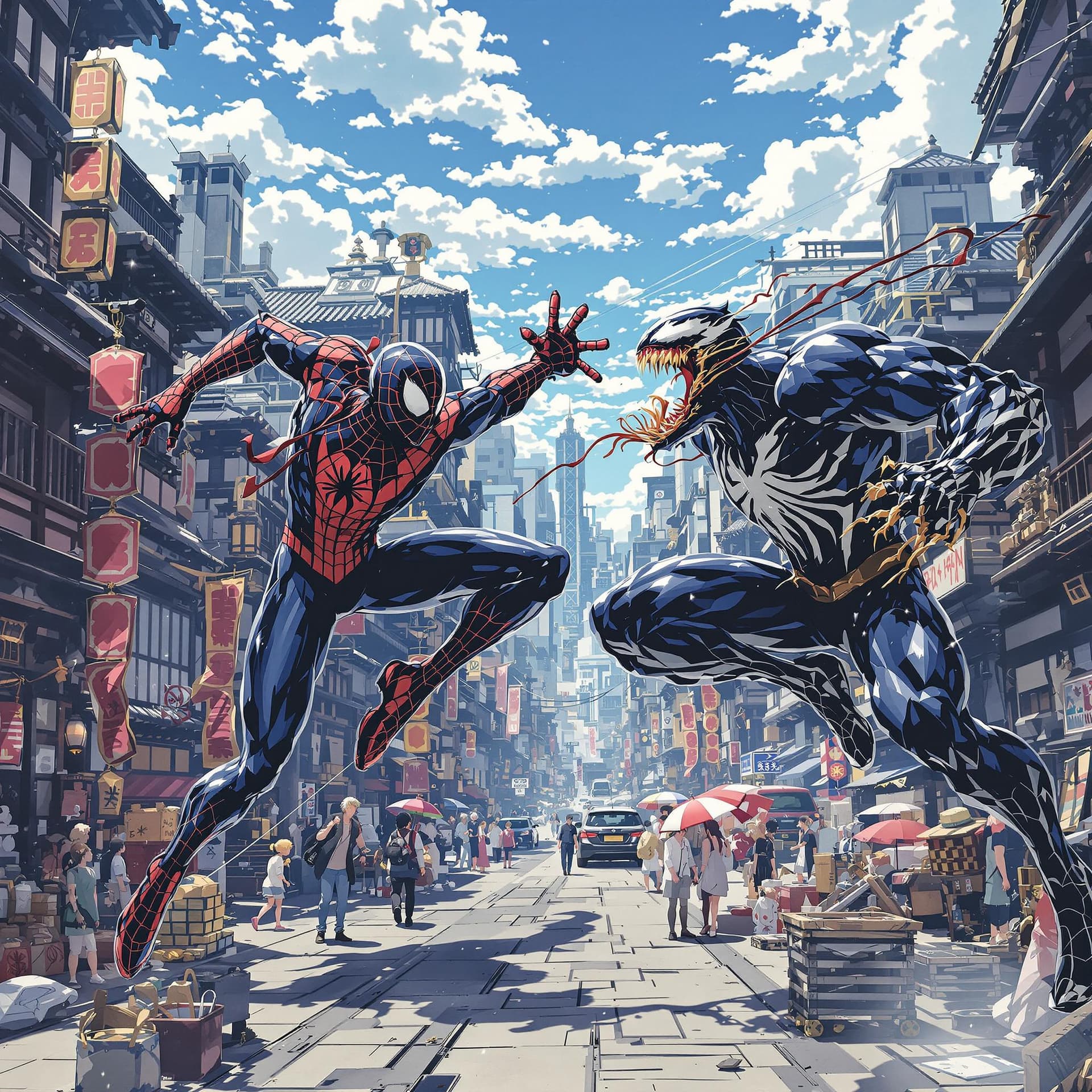 AI generated: a studio ghibli style image of spiderman and venom fighting in an a version of new york that looks l...