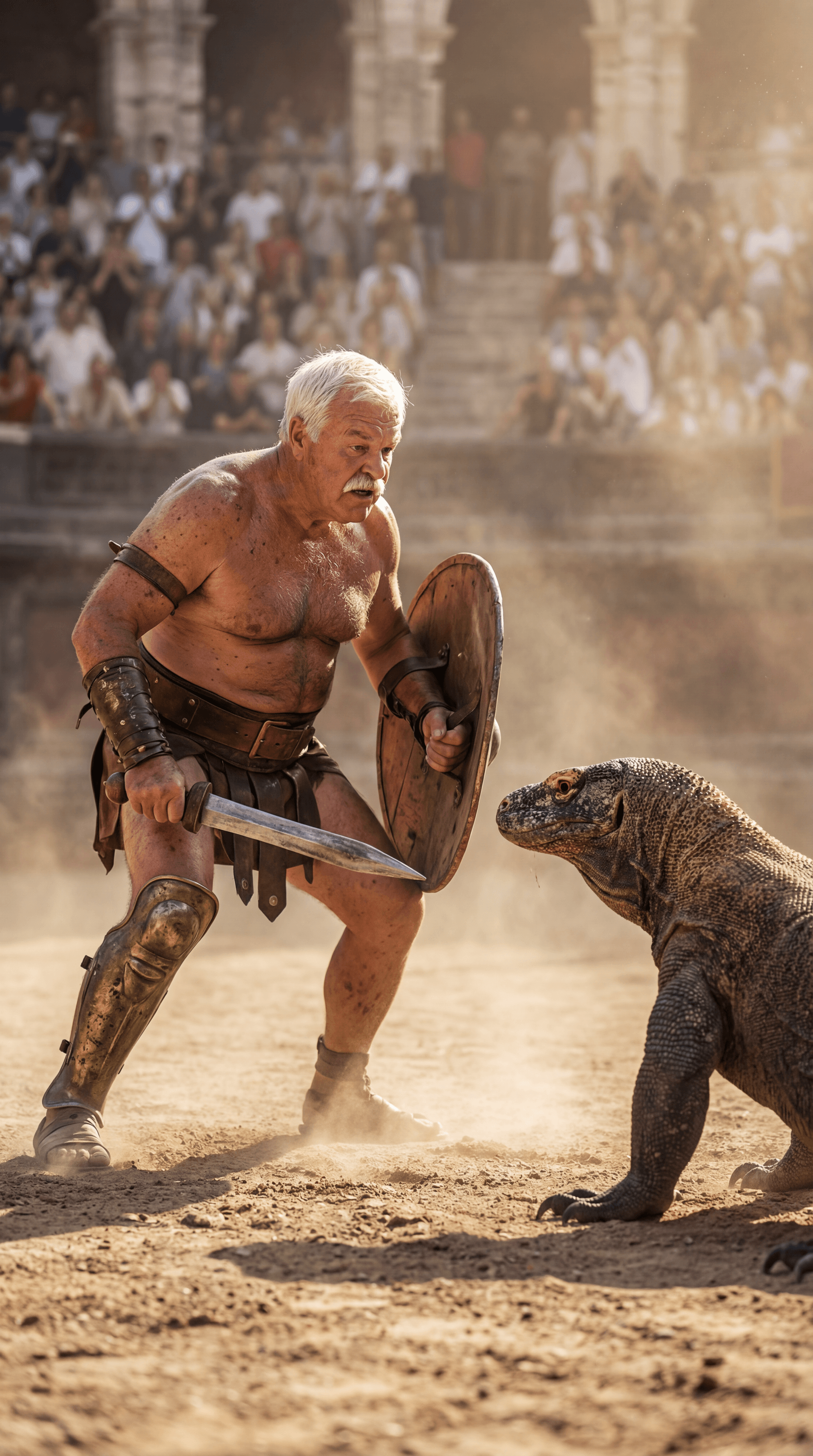 AI generated: Ultra-realistic documentary-style action photography inside the Roman Colosseum, bathed in warm gold...