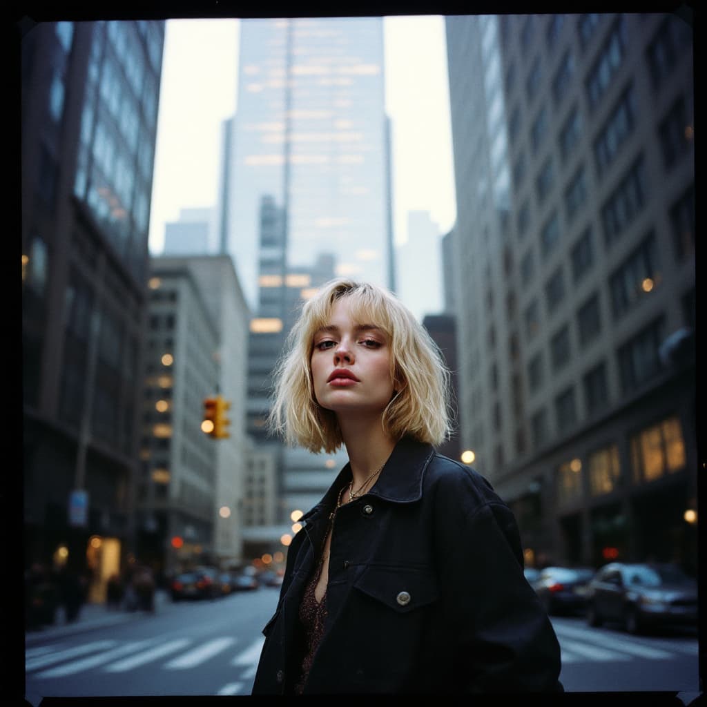 AI generated: Street style photo of a grunge style woman in the streets of 1990 Manhattan standing in front of a s...