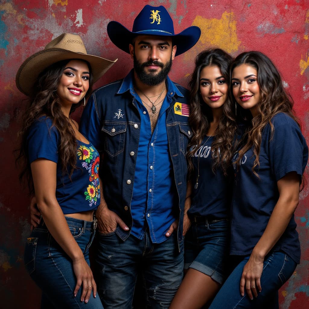 AI generated: 4 6 gentes latinas  mexicanas con gorro azul tradicional de beisbol y camisa tipo polo azul sonriend...