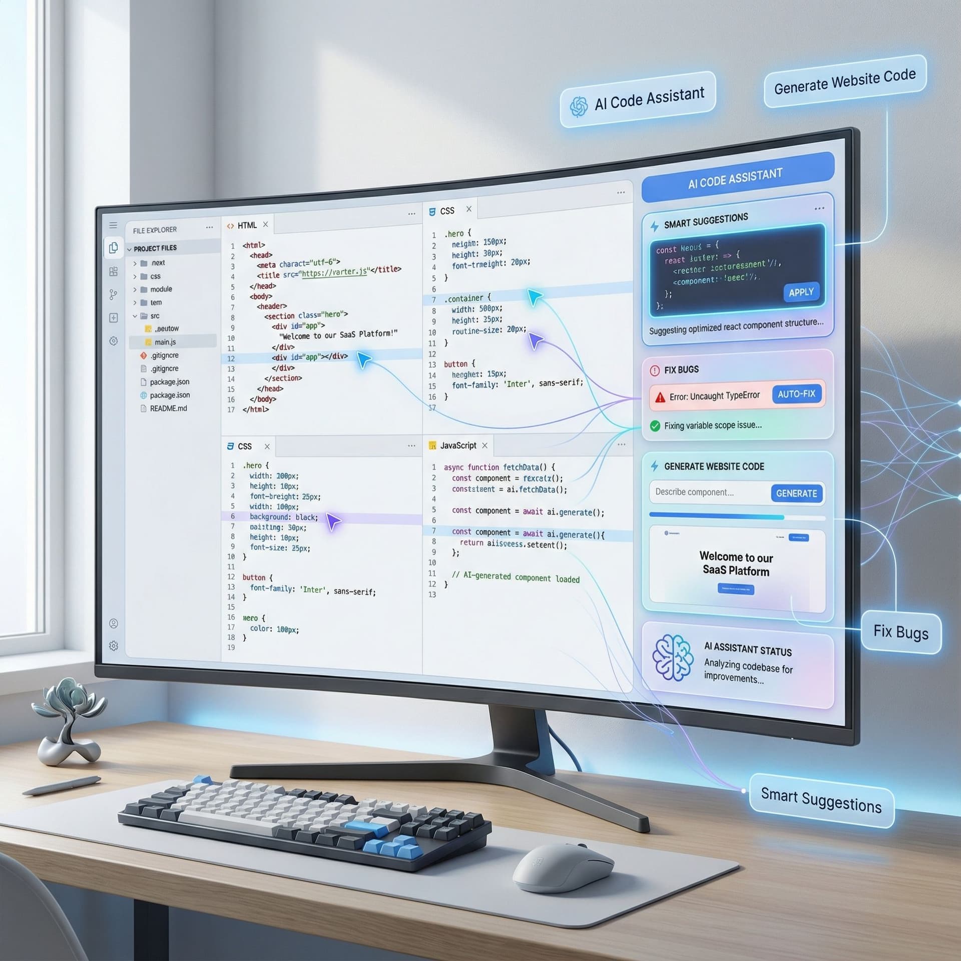 AI generated: Create a modern, realistic AI code assistant interface focused on website development for a SaaS pla...