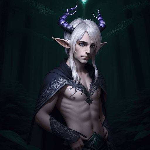 AI generated:  solo, in a forest at night, inticrate background, male moonshadow elf, 2 horns, white hair, man, da...