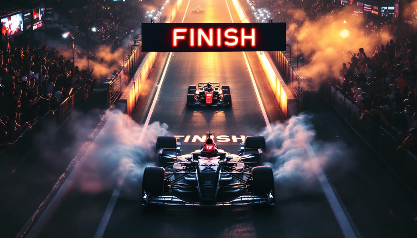 AI generated: The wide track is well lit by the sun.  Tension is increasing. FINISH banner over the wide track and...