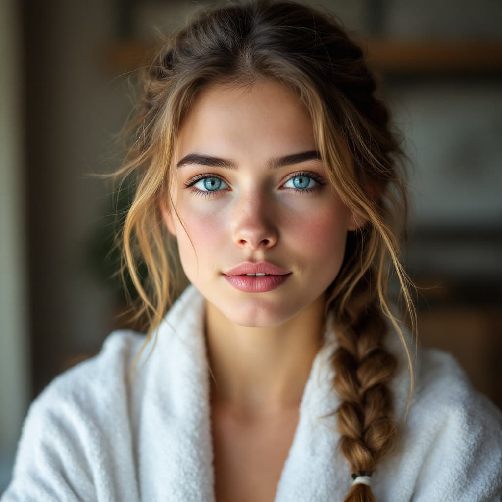 AI generated: A portrait of a young woman with light brown hair in a French braid, not smiling with blue eyes and ...