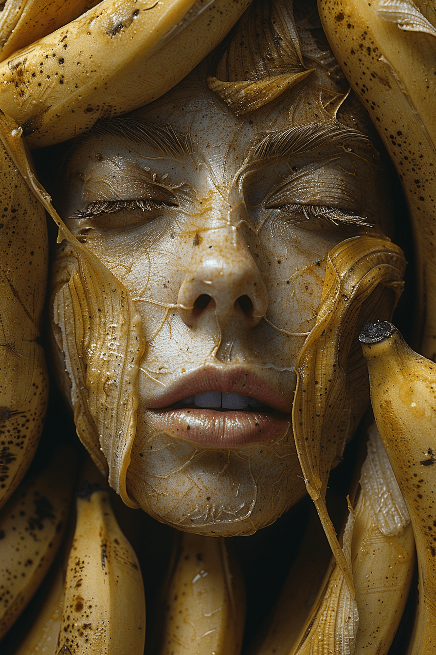 AI generated: a collage of women's faces made of bananas, --ar 73:109 --stylize 750 --v 6.0 --style raw
