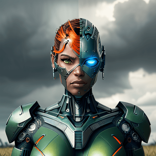 AI generated: Cyborg with body covering partly metallic and leathery with holes. Cyborg sits on a surface framed w...
