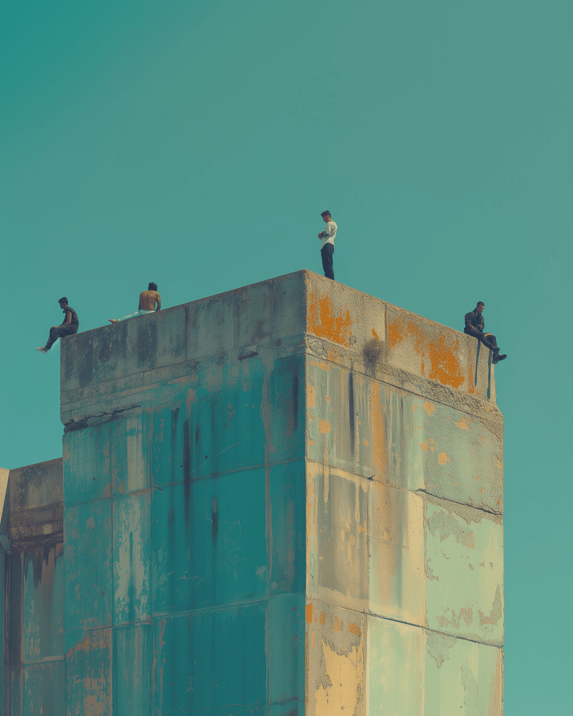 AI generated: people sitting on the top of a pool, in the style of cody ellingham, suspended/hanging, kodak portra...