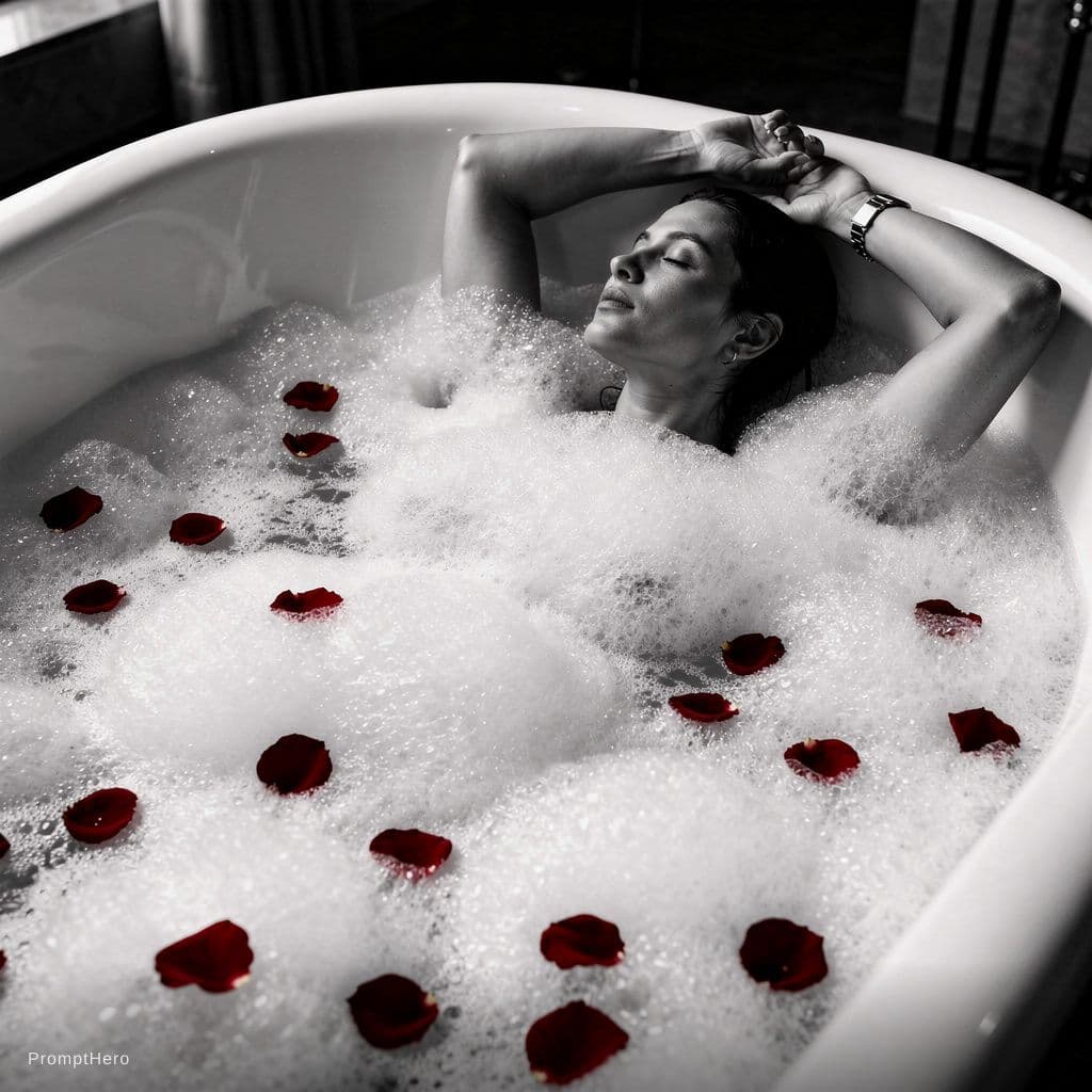 AI generated: A sensual, black and white photograph of a woman reclining in a luxurious bathtub filled with rich, ...