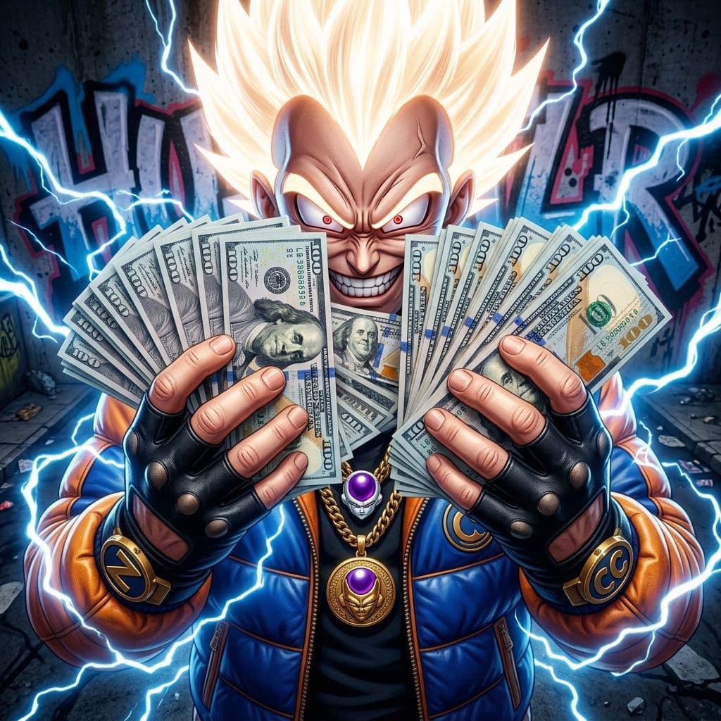 AI generated: very close up of an an angry hip hop super saiyan prince warrior'S HANDS holding money, he's wearing...