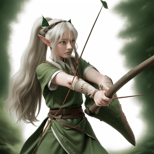 AI generated: Elf archer brandishing a greatbow. Mane made of leaves and short antlers. Greatbow made of wood and ...