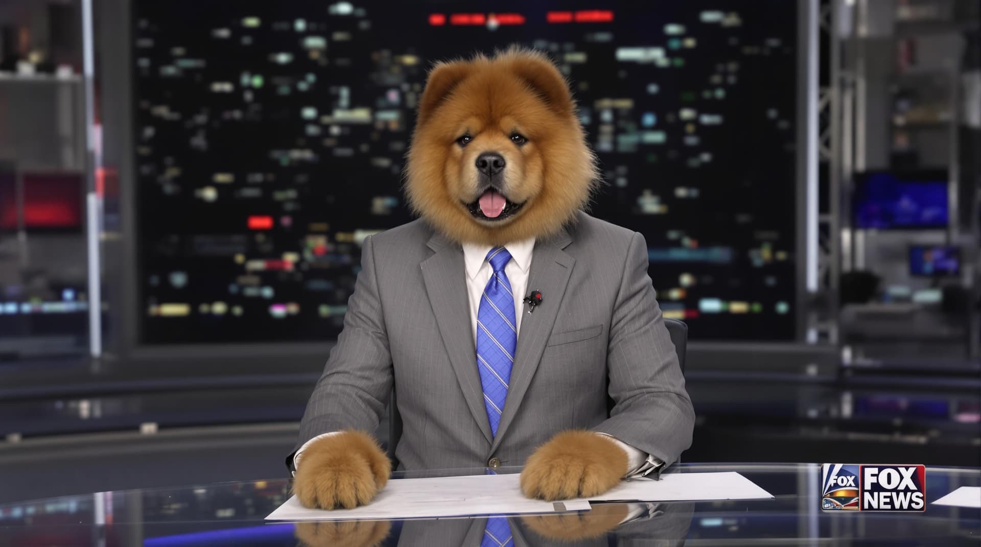 AI generated: chow chow dog, wearing a suit and blue tie, sitting at desk in news room, reporting the news, anchor...